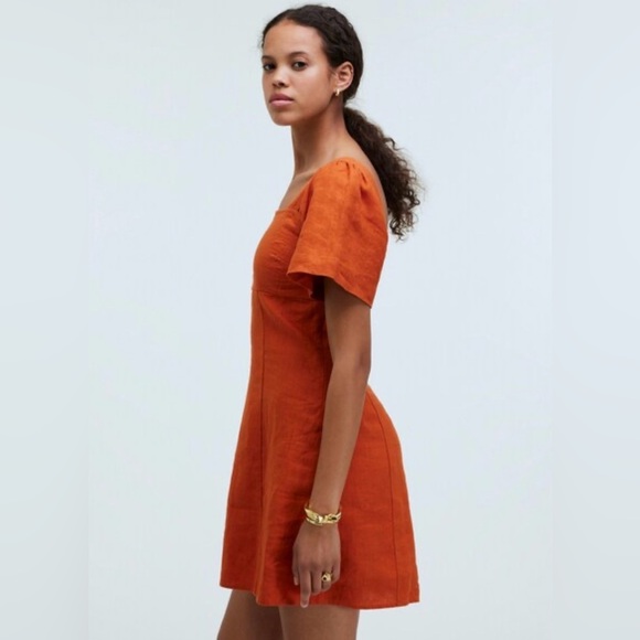 MADEWELL Square Neck Mini Dress Linen Dark Copper Orange Size 00 NWT - Picture 4 of 15